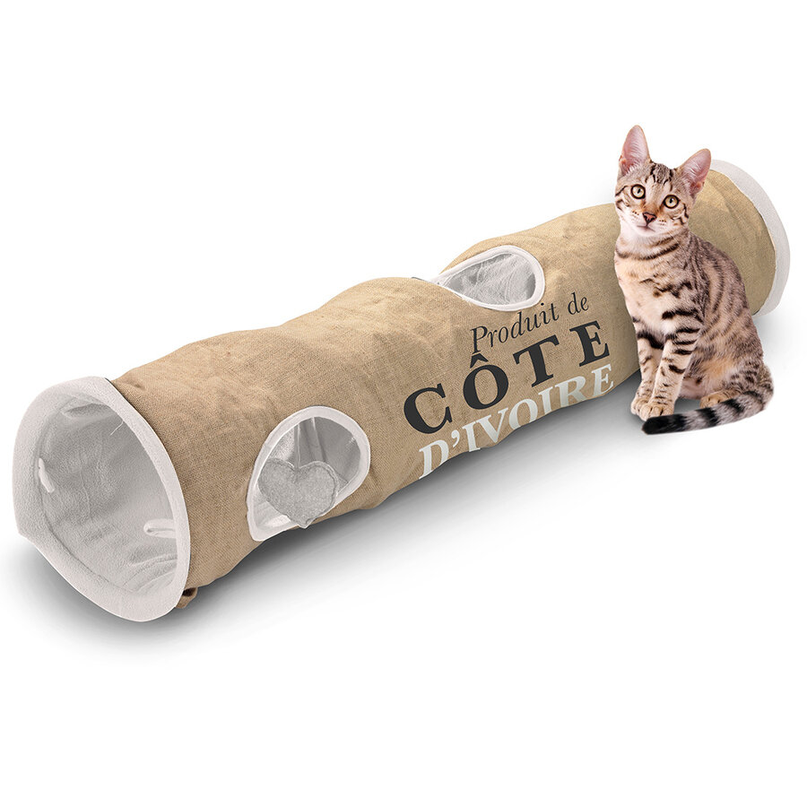Cat Tunnel Cote d’Ivoire – kattentunnel van jute en polyester, 120 cm met speeltjes en knisperfolie