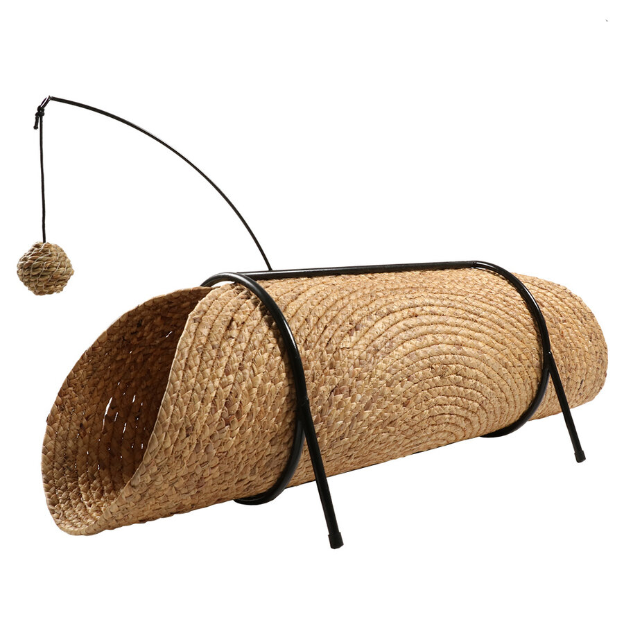 Reina Katten Speeltunnel – flatpacked speeltunnel van waterhyacint met vishengel en speeltje, 80 cm