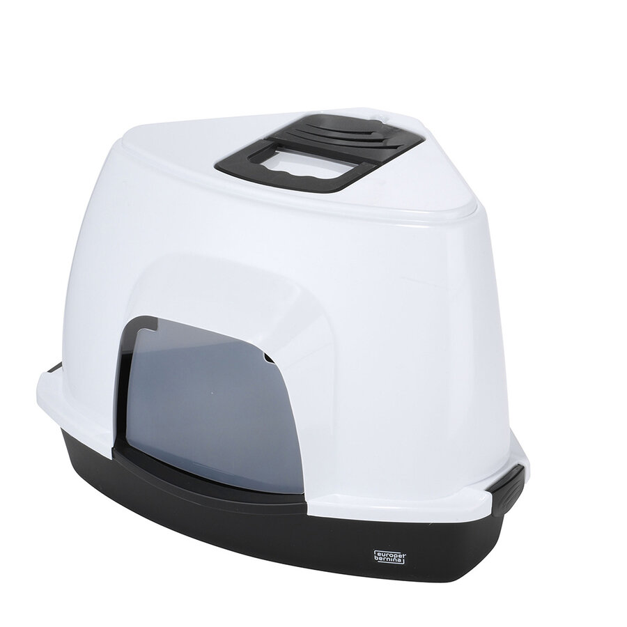 Kattentoilet Prism Wit/Zwart – compacte overdekte kattenbak met koolfilter en transparant deurtje, verkrijgbaar in M & L