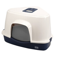 Overdekt kattentoilet Prism wit/donkerblauw met koolfilter en transparant deurtje – formaat L, 56×70×46 cm