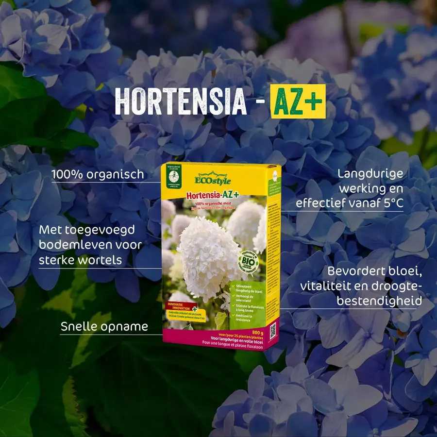 Hortensia-AZ+ - Organische hortensiamest met micro-organismen voor sterke wortels en langdurige bloei