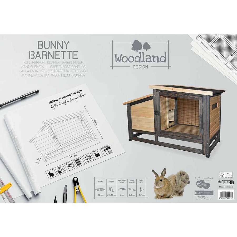 Woodland Design konijnenhok Bunny Barnette – ruim hok voor 2 konijnen met open en gesloten verblijven