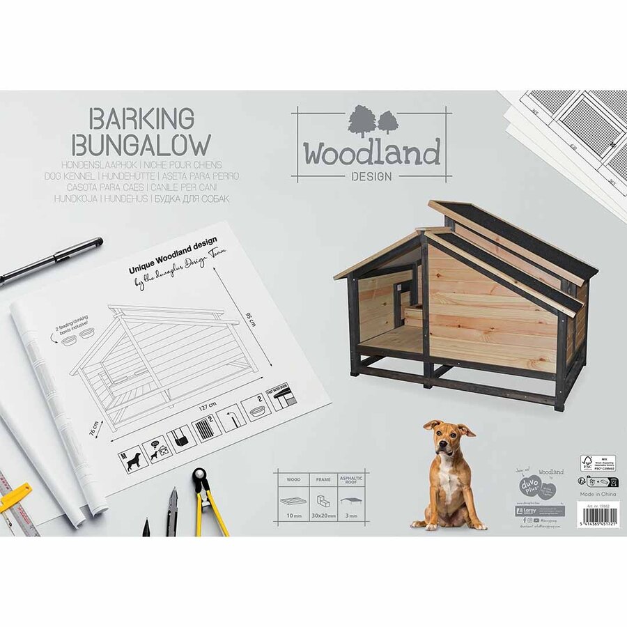 Woodland Design hondenhok Barking Bungalow – ruim houten hondenverblijf met eet- en drinkgedeelte