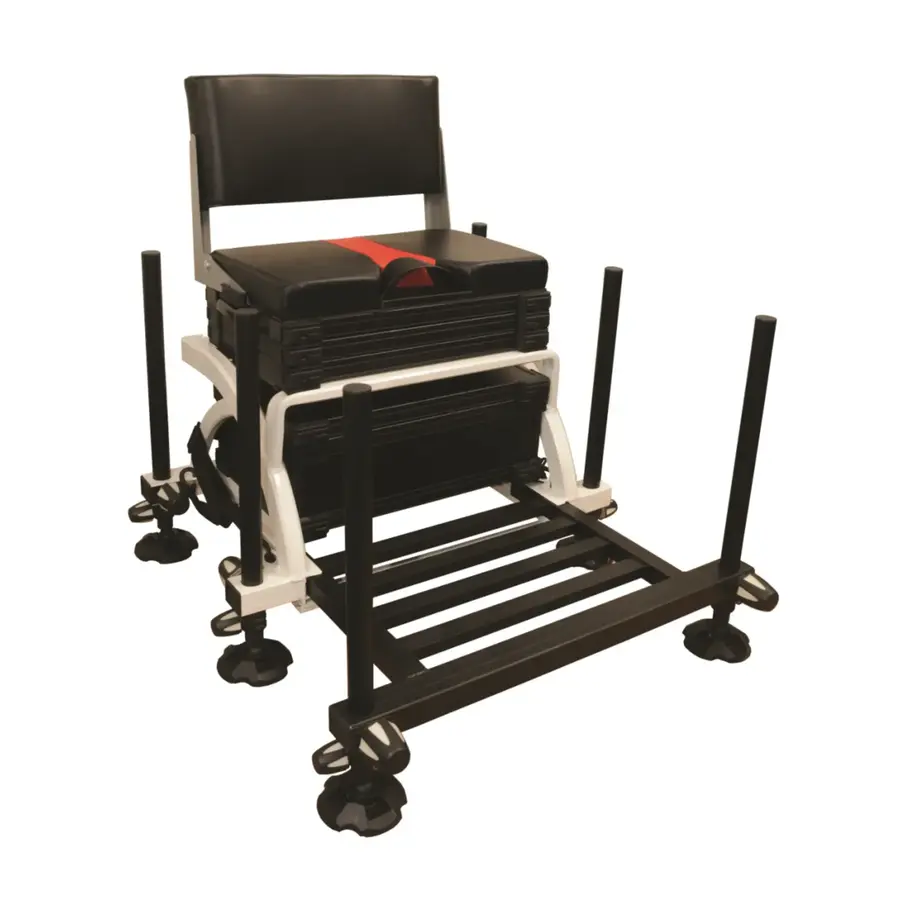 Match Box Pro Competition met Rugleuning – luxe aluminium zitkist met schuiflades en voetplaat