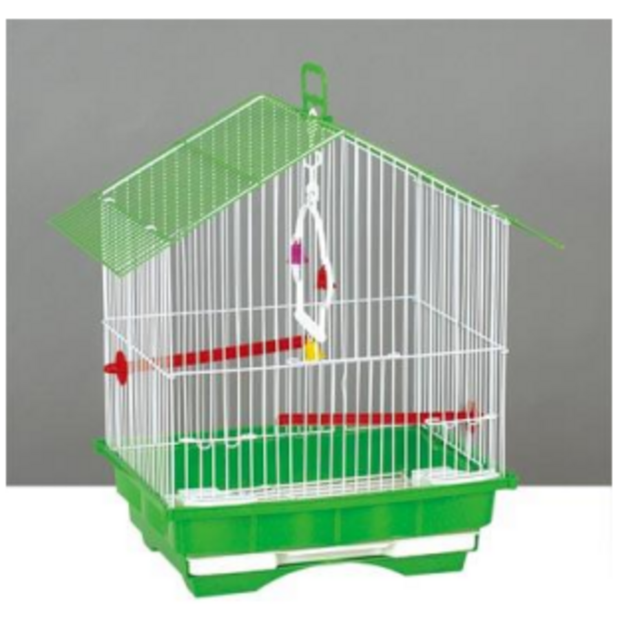 Vogelkooi Type 5B101 - compacte vogelkooi in wit met groen met zitstokken, schommel en accessoires