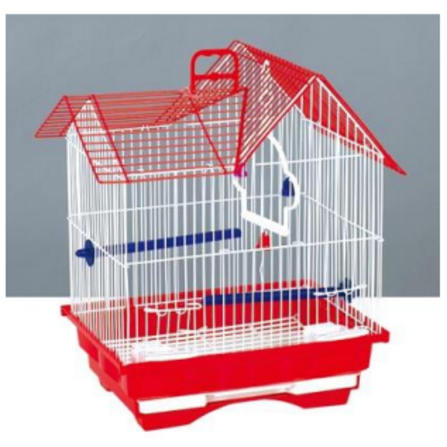 Vogelkooi Type 5B218 - compacte vogelkooi in wit met rood met zitstokken, schommel en accessoires