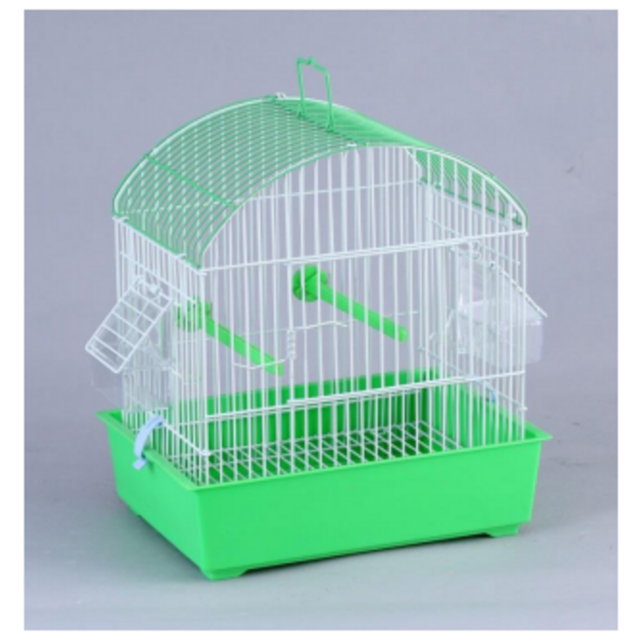 Vogelkooi Type E11 - compacte vogelkooi in wit met groen met zitstokken en accessoires