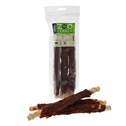 Zoolekker Rawhide stick met eend 24 cm - hondensnack van buffelhuid en eend, per 3 stuks