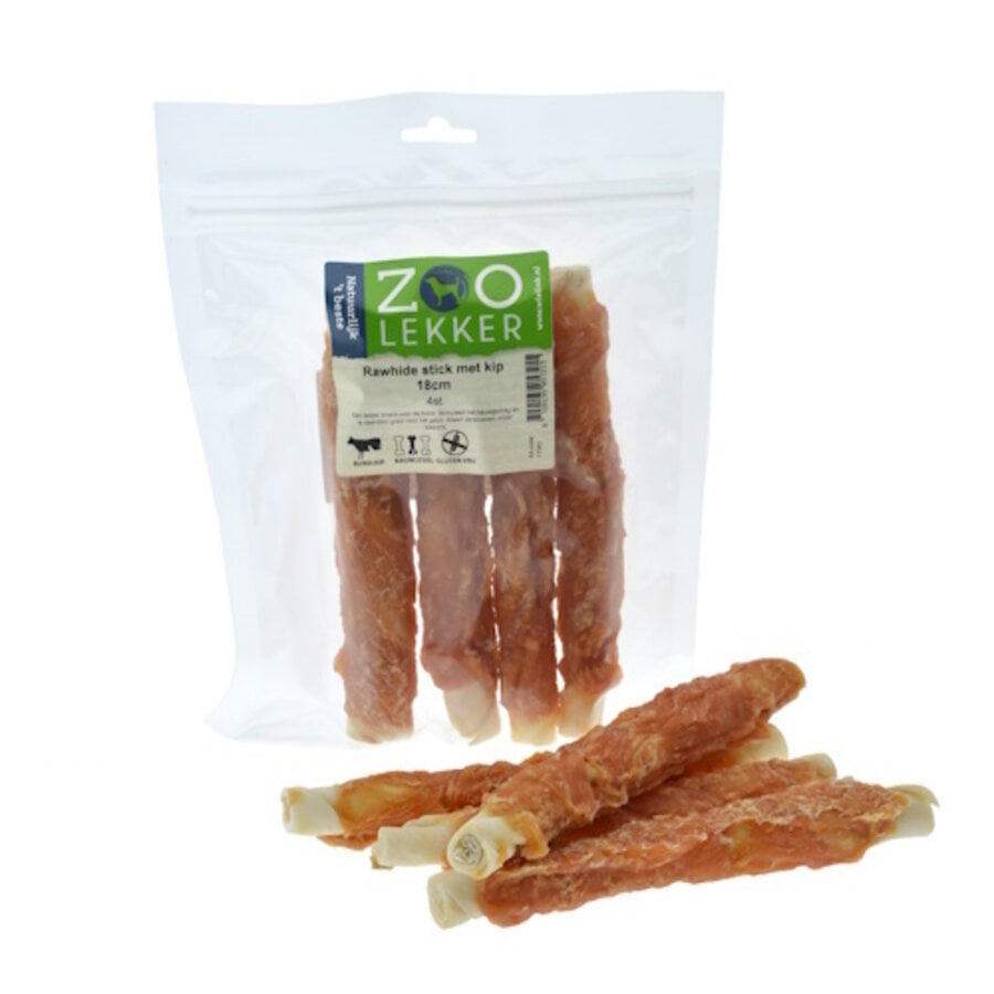 Rawhide stick met kip 18 cm - hondensnack van buffelhuid en kip, per 4 stuks