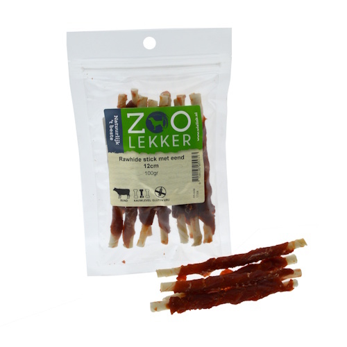 Zoolekker Rawhide stick met eend 12 cm - hondensnack van buffelhuid en eend, verpakkingen 100 g, 400 g en 1 kg 100 Gram