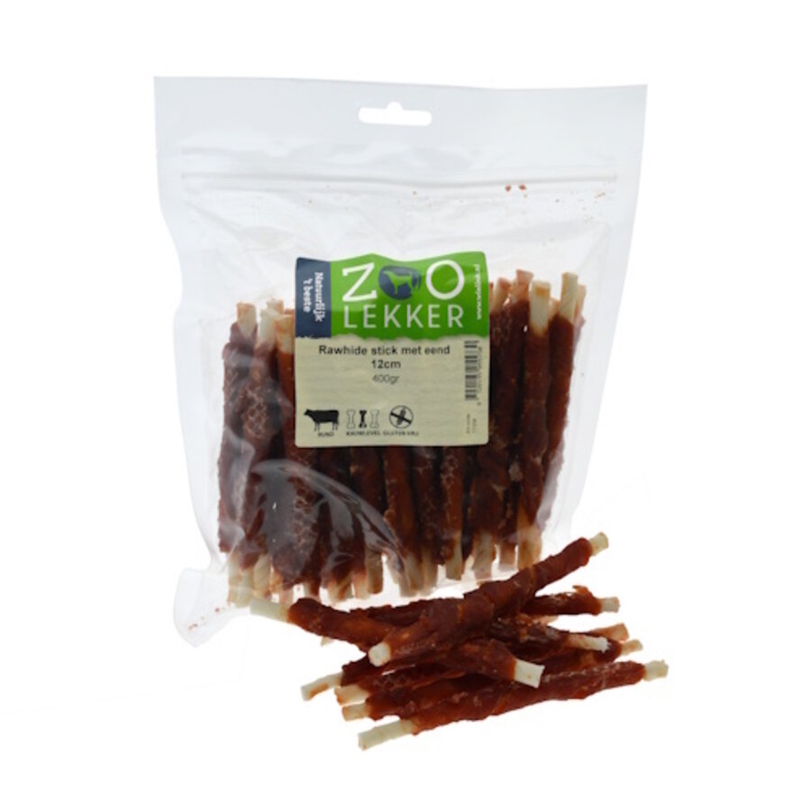Rawhide stick met eend 12 cm - hondensnack van buffelhuid en eend, verpakkingen 100 g, 400 g en 1 kg