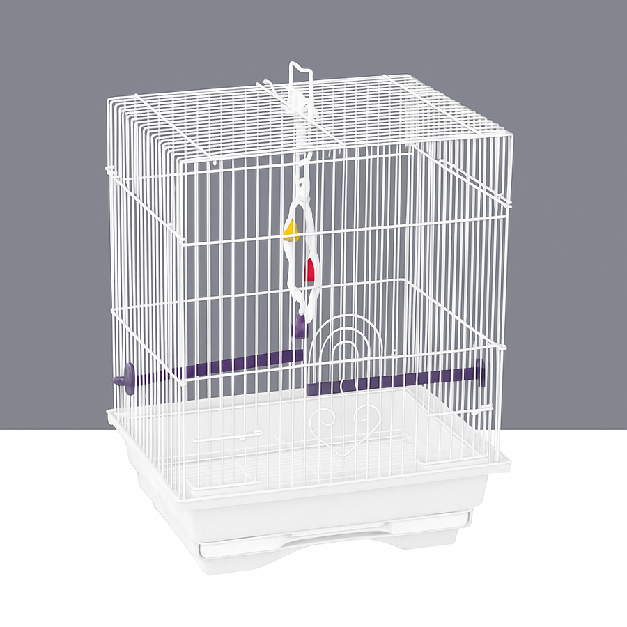 Vogelkooi Type 5B104 - compacte witte vogelkooi met zitstokken, schommel en accessoires