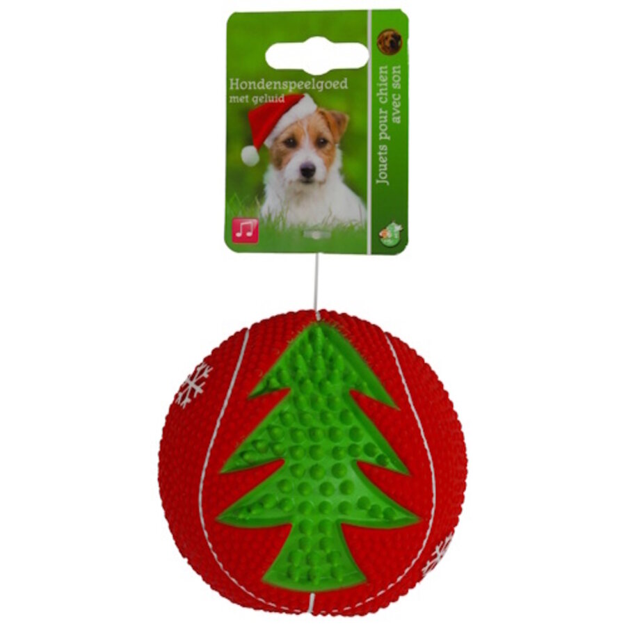 Latex kerst speelbal voor honden met piep in rood of groen 7,5 cm en 10 cm