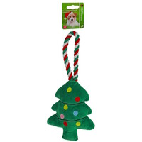 Pluche kerstboom hondenspeeltje groen rood met stevig floss touw 35 cm