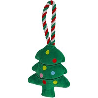 Pluche kerstboom hondenspeeltje groen rood met stevig floss touw 35 cm