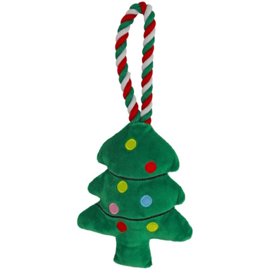 Pluche kerstboom hondenspeeltje groen rood met stevig floss touw 35 cm