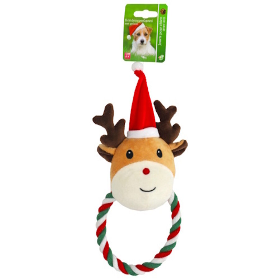 Pluche rendier hondenspeeltje met kerstmuts en stevig floss touw 27 cm