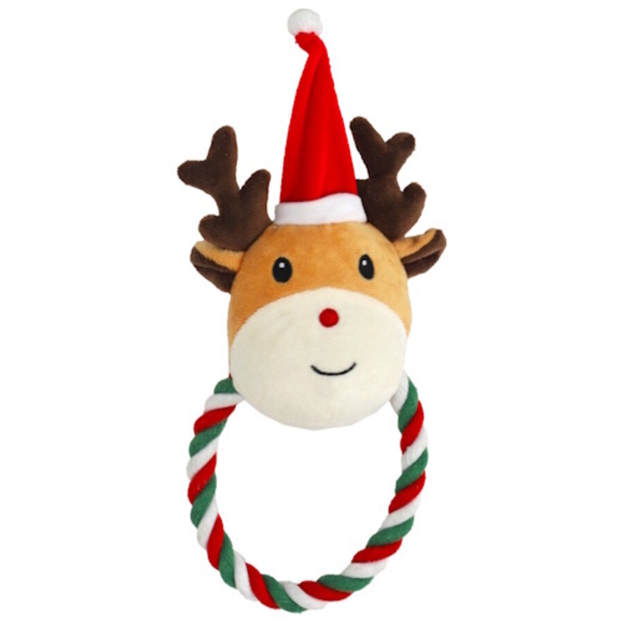 Pluche rendier hondenspeeltje met kerstmuts en stevig floss touw 27 cm