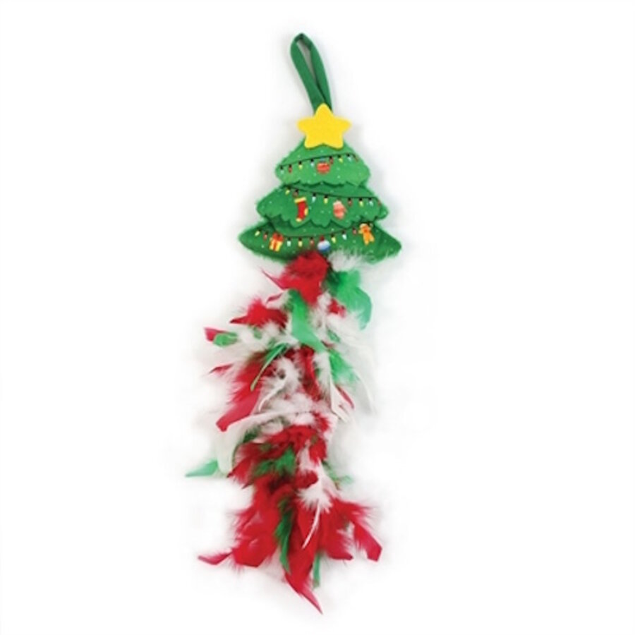 Katten deurhanger kerstboom met veren voor actief binnenspel 58.5 cm
