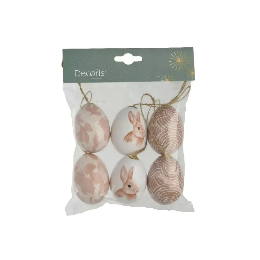Paas ei foam hangdecoratie set van 6 paaseieren met konijnprint