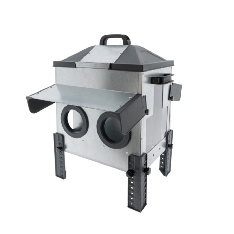 Metalen voerbak met voeropeningen 16 kg | hoog model | met regenkap | voor kippen