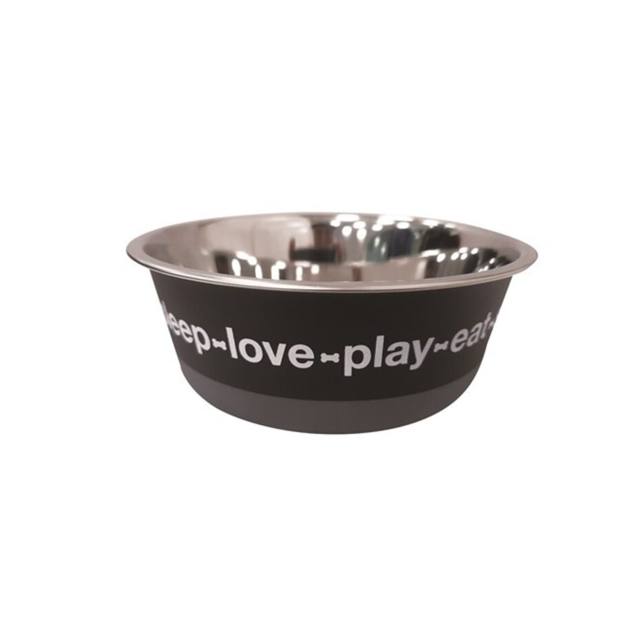 RVS voerbak met tekst sleep love play eat | zwart | antislip