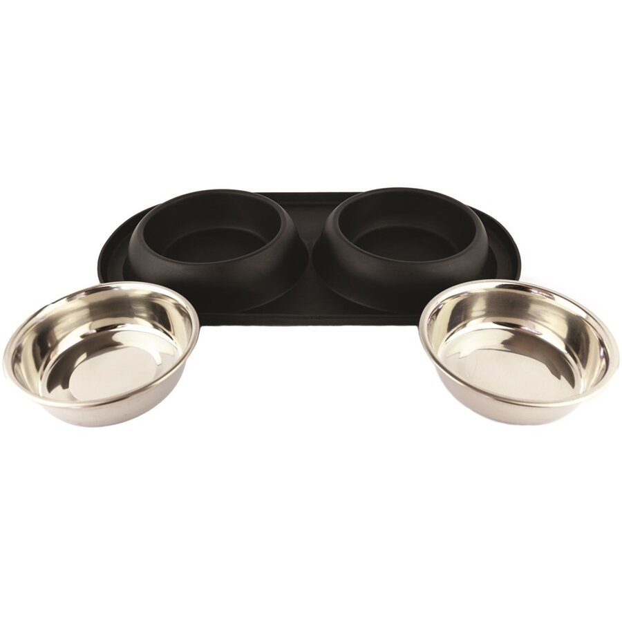 Dubbele RVS voerbak met antislip onderstel