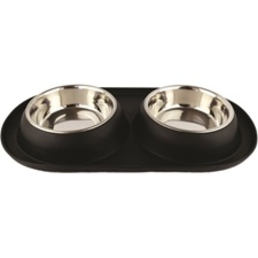 Dubbele RVS voerbak met antislip onderstel