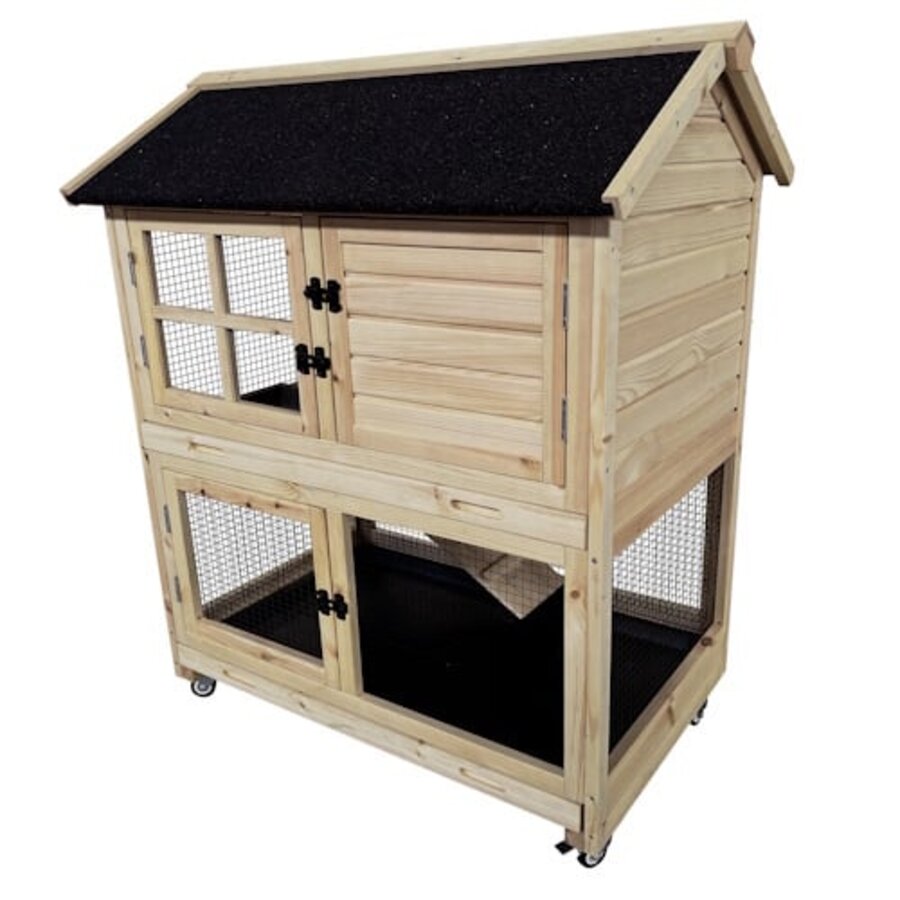 Duvo+ Woodland konijnenhok met wielen Flappy pinus Houtkleurig