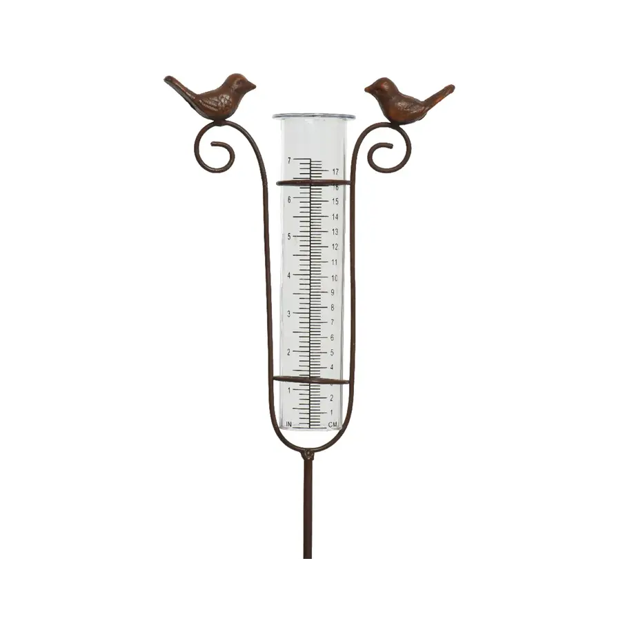 Regenmeter op prikstok H115 cm | polyresin met vogels | glazen meetbuis