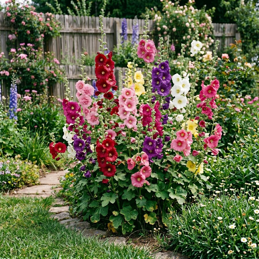 Alcea rosea (stokroos) gemengde kleuren | 13 cm pot | ca. 25–35 cm hoog | Kleurrijke borderklassieker