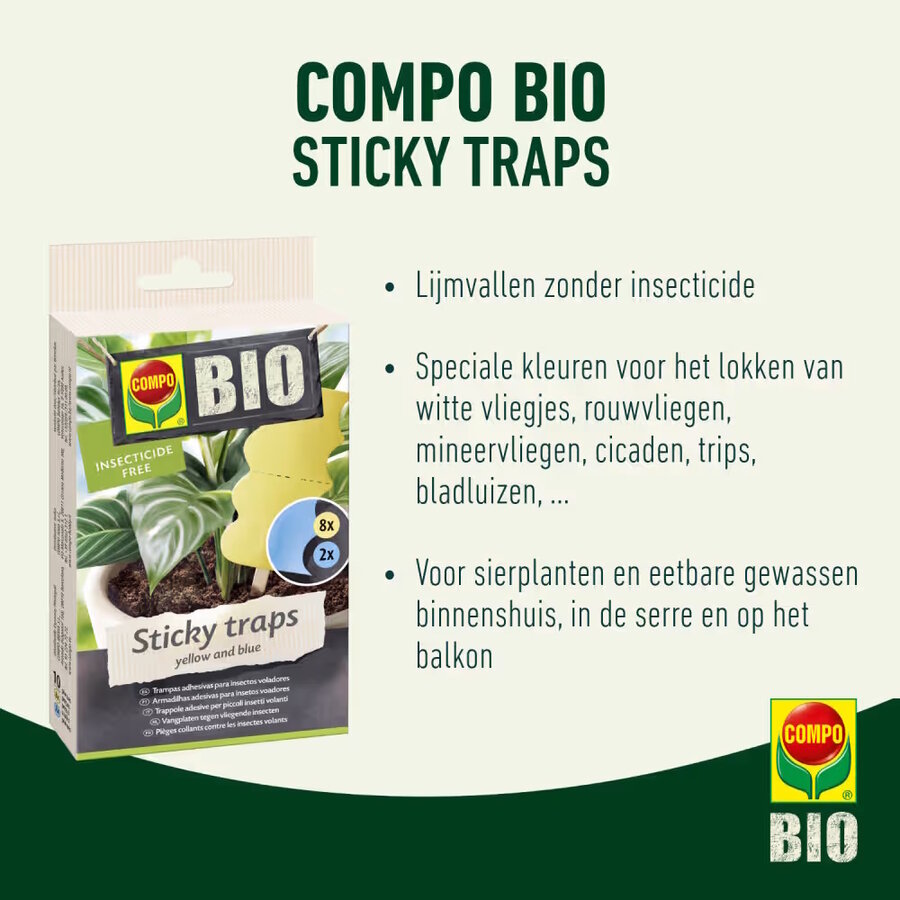 BIO Sticky Traps lijmvallen 10 stuks | dubbelzijdig | geel + blauw | voor kamerplanten, serre en balkon