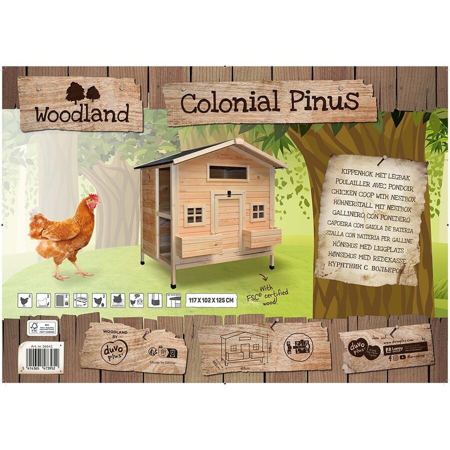 Kippenhok Colonial Pinus houtkleurig | 117 x 102,5 x 125 cm | met 3 legbakken