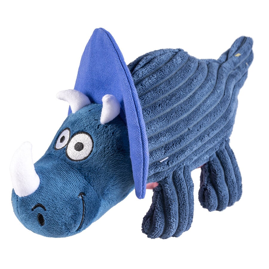 Pluche dino triceratops corduroy blauw | 31 x 13 x 15 cm | met pieper