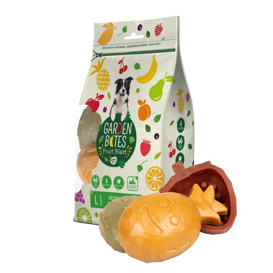 Fruity Buddies vegetarische kauwsnack hond | 6 cm 18 stuks | 9 cm 6 stuks | 11,5 cm 3 stuks