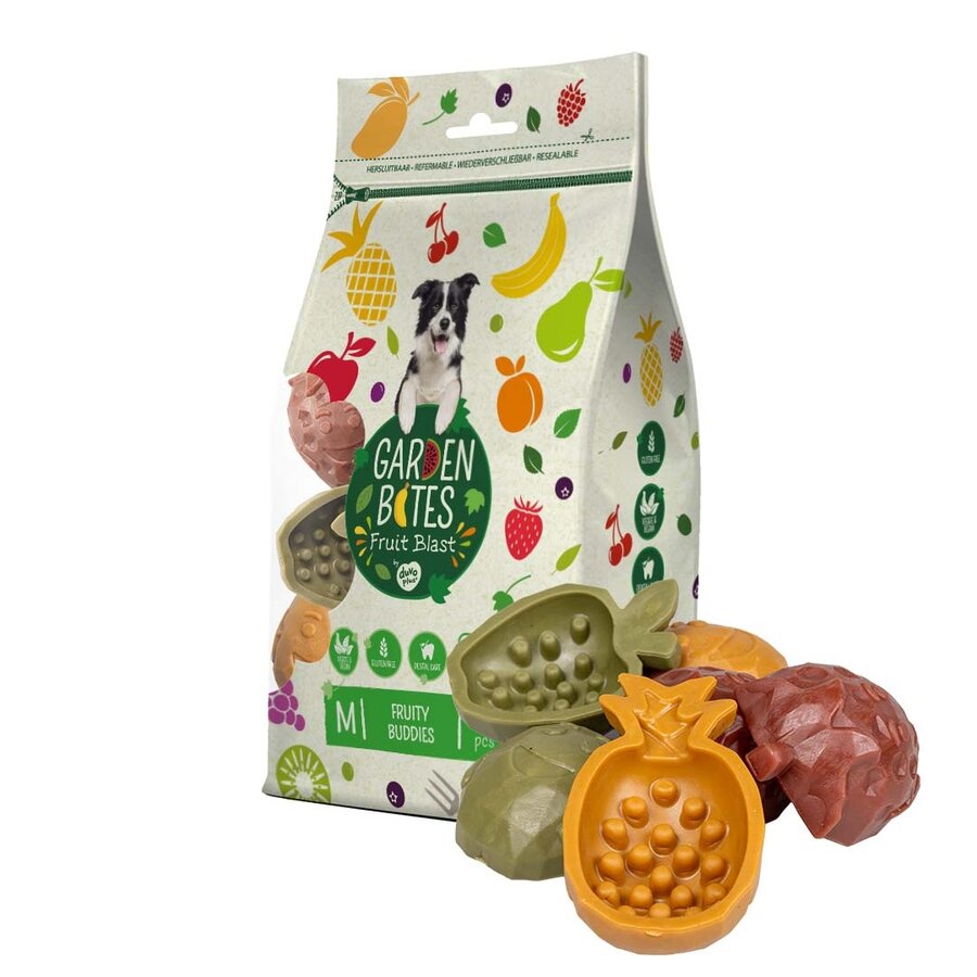 Fruity Buddies vegetarische kauwsnack hond | 6 cm 18 stuks | 9 cm 6 stuks | 11,5 cm 3 stuks