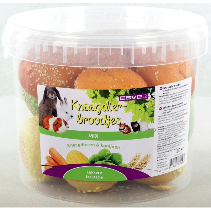 Knaagdierbroodjes mix emmer | 18 stuks | snack voor konijn en knaagdier