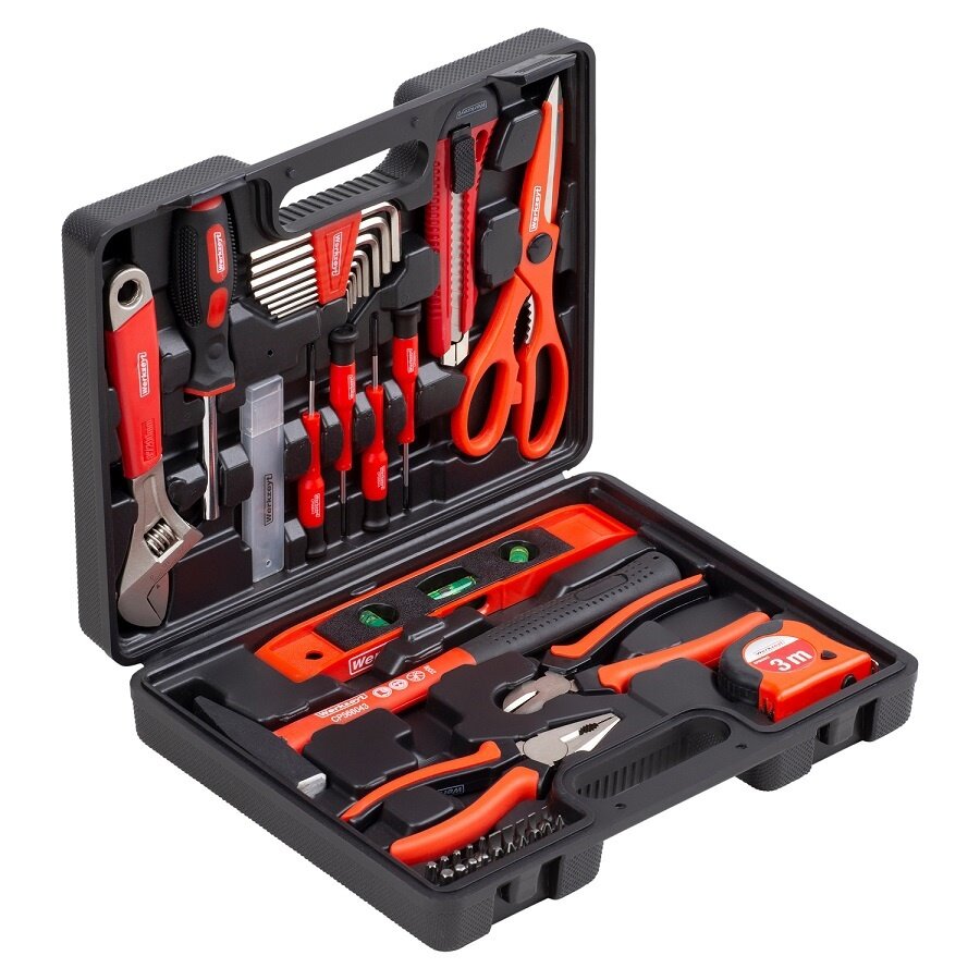 Gereedschapskoffer 44-delig compleet met tangenset, hamer, bits, rolmaat en waterpas