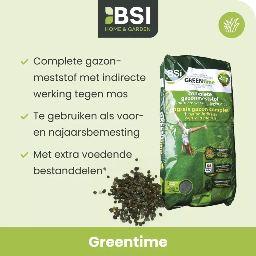 Greentime 2 in 1 gazonmeststof met indirecte moswerking