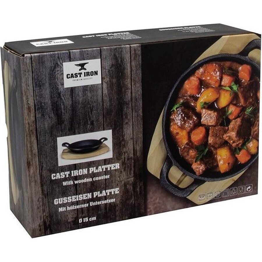 Gietijzeren gratinpan Ø 15 cm met houten serveerplank