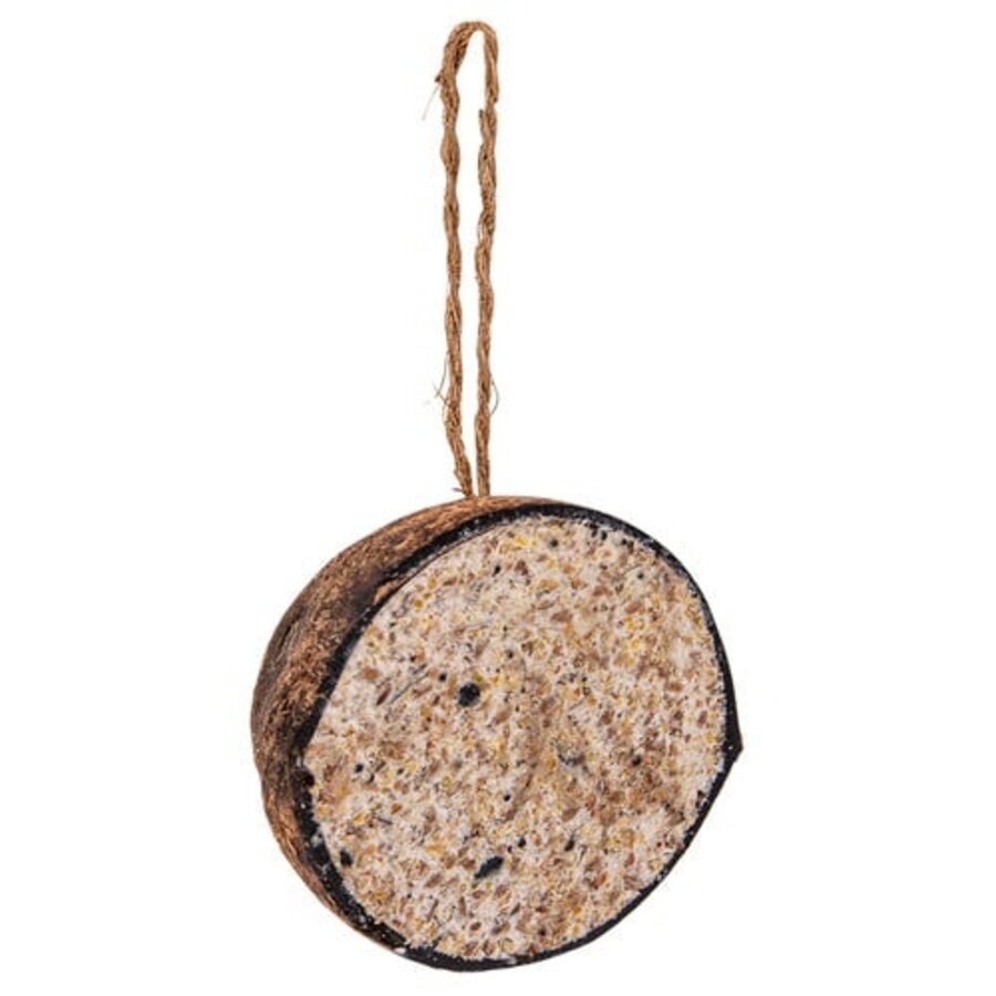 Halve kokosnoot met zaden en vetten voor tuinvogels 200 gram