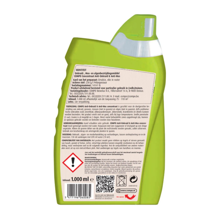 Anti-onkruid en anti-mos concentraat 1 liter voor paden en terrassen tot 110 m²