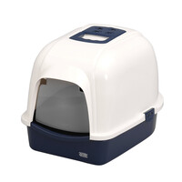 Ebi Kattentoilet Eclipse Wit/Donkerblauw – overdekte kattenbak met koolfilter en transparant deurtje, verkrijgbaar in M