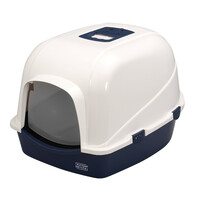 Ebi Kattentoilet Eclipse Wit/Donkerblauw – overdekte kattenbak met koolfilter en transparant deurtje, verkrijgbaar in M