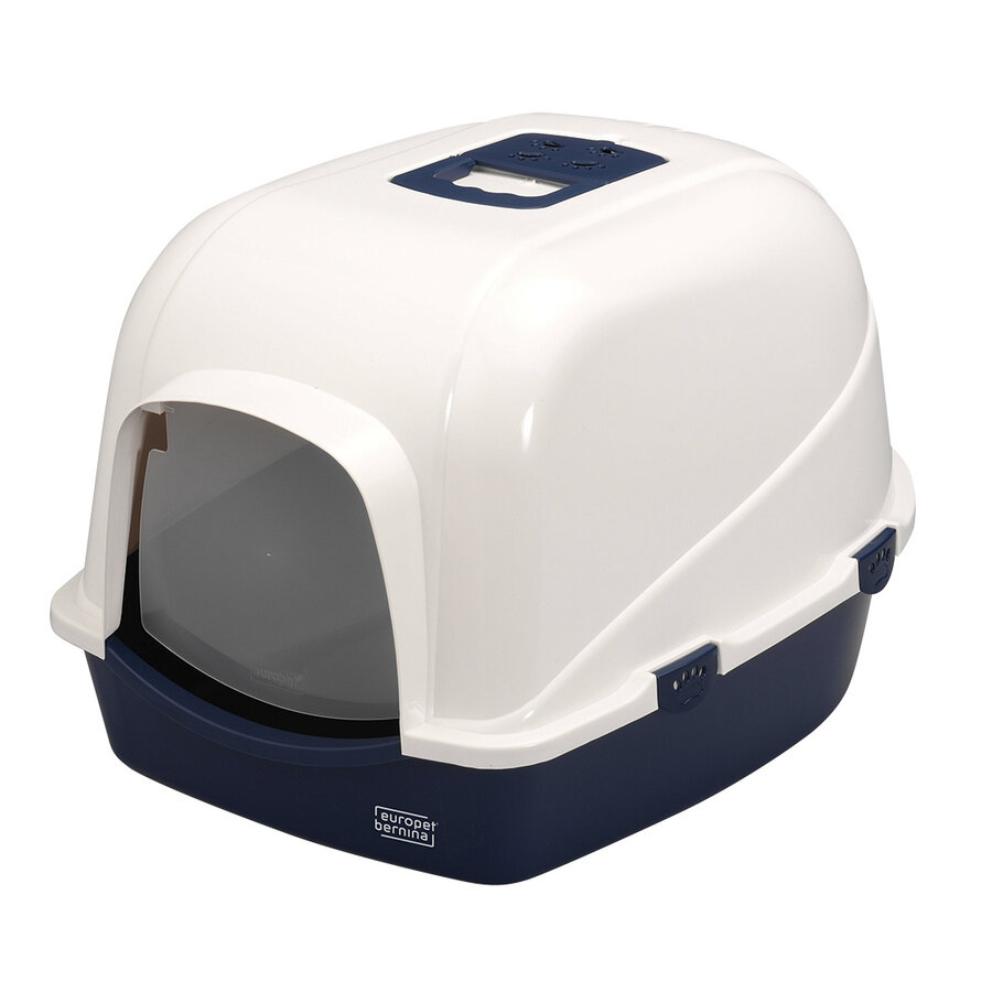 Ebi Kattentoilet Eclipse Wit/Donkerblauw – overdekte kattenbak met koolfilter en transparant deurtje, verkrijgbaar in M