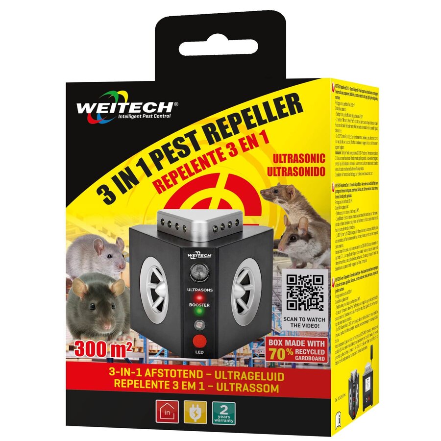 Ultrasone 3-in-1 knaagdierverjager 300 m² met 240° bereik en flitslicht