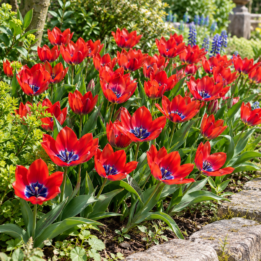 Tulipa Specie rood met blauwe kern | bolmaat 6/7 | 8 bloembollen | soorttulp voor tuin, balkon en terras