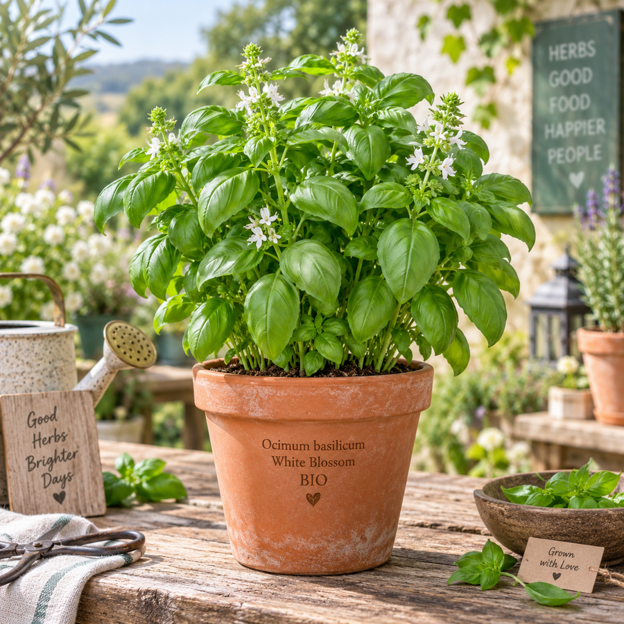 Ocimum basilicum White Blossom BIO | Biologische basilicum met witte bloei | ca. 20 cm hoog | In 14 cm pot