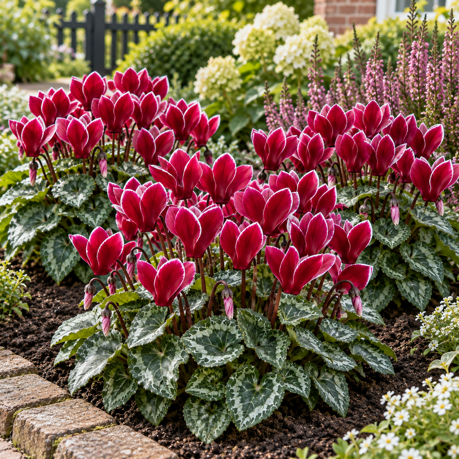 Cyclamen kleinbloemig Carino Wine Red met witte rand | 25 cm hoog | In 10 cm pot | Rijkbloeiende herfstplant