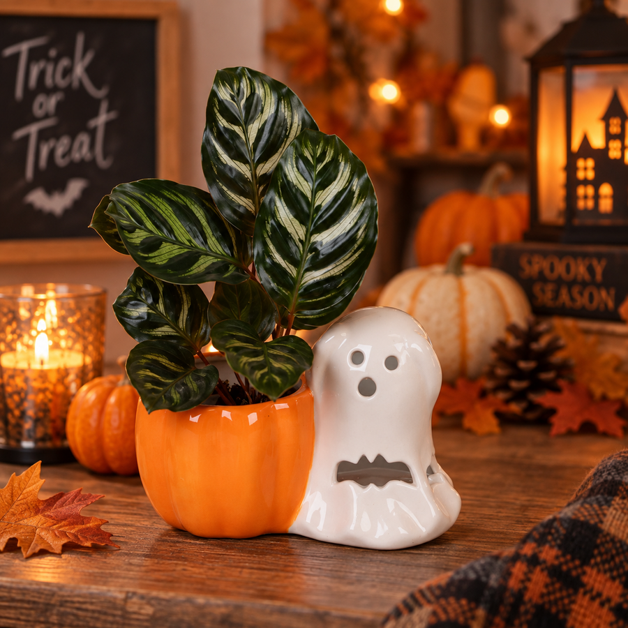 Calathea gemengd | verschillende soorten in decoratief Halloweenpotje | 6 cm pot | 13 cm hoog | verkoop per stuk